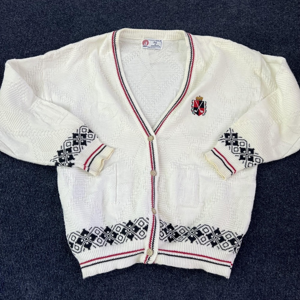 Isle‎ Of Cotton Cardigan Sweater Womens Medium White Golf Crest Knit Vintage USA